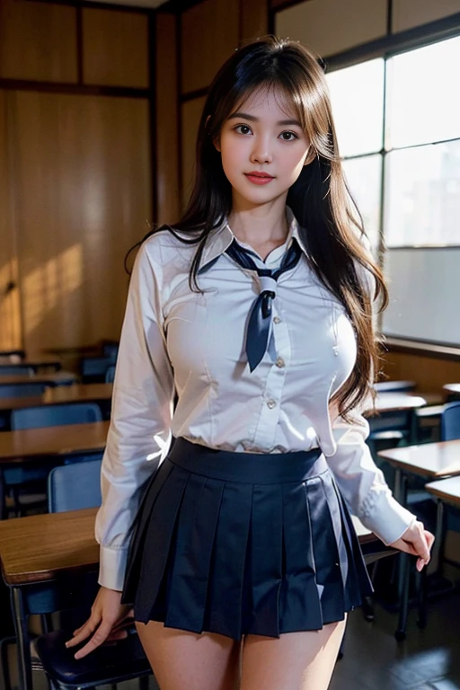 (Masterpiece, Masterpiece, 8k), One beautiful woman, Long blonde hair, blue eyes, A blue ribbon in her hair, High School Outfit, Black blazer, Checkered pleated skirt, Blue tie, Big Breasts, Thighs, Wearing stockings, In the classroom, Serious expression, High resolution, Blur the background, (Smile), Medium Bust, The gesture of peering with hands behind back, 