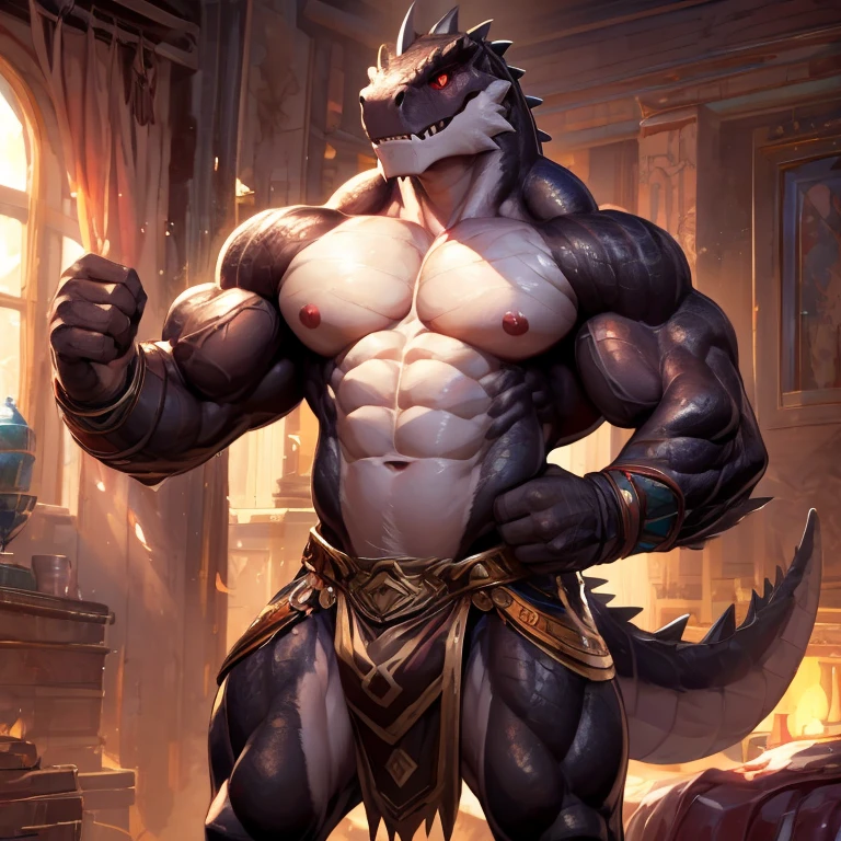 solo, anthro, furry male, ultra details, T-Rex, ((ultra detailed muscles)), (T-Rex print), black scales, white belly, black spiny scales, bedroom, standing up, muscle pose, front double biceps pose, bodyguard outfit, black claws, red eyes, slit eyes, slim fit, muscular slim, menacing, handsome, flirt, ultra detailed slit eyes, pecs, hind leg, tail, looking at viewer, (Masterpiece, by null-ghost, ultra hi-res, 8k), naked torso , black loincloth, front pov,