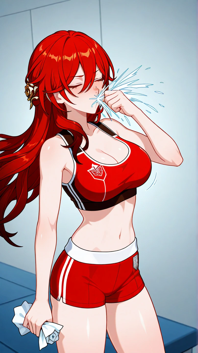 anime girl with red hair and blue shorts holding a bottle of water, Erza Scarlet como uma pessoa real, [ arte digital 4k ]!!,  anime drinks energy drink, garota anime sedutora,  apta, estilo anime 4k, 4K manga wallpaper, trabalhando fora, arte digital detalhada de anime, garota de anime atraente, muscular!, Papel de parede de anime 4K