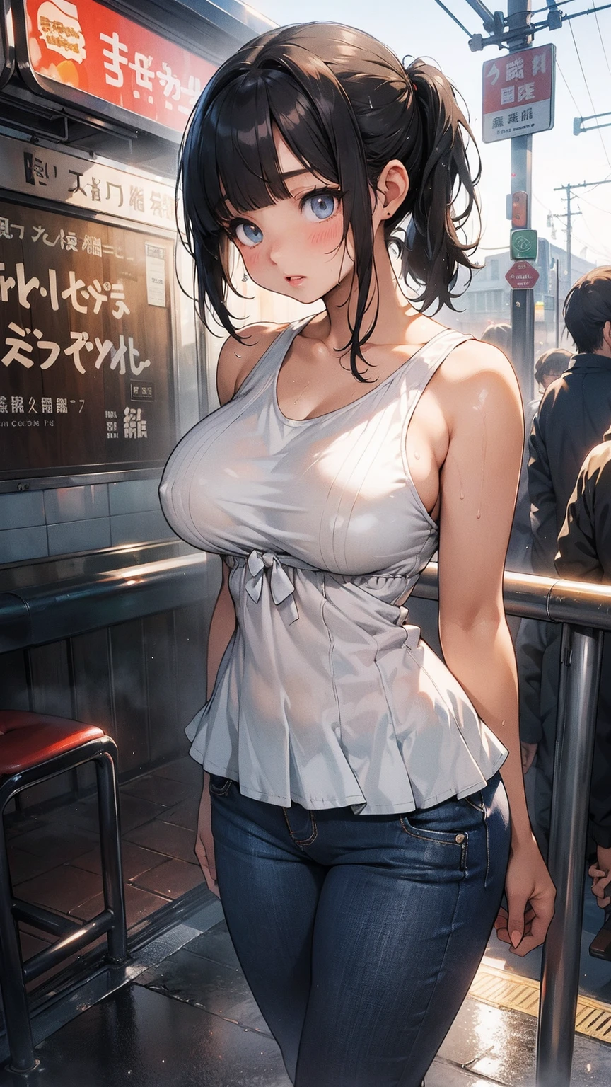 ((ultra-quality)), (A woman waiting at a traffic light in heavy rain), (white low rise micro pantie:1.2), (No slings:1.5), (hands are down:1.5), (arms are down:1.5), (in 8K), (arms behind back:1.5), (Angle from side:1.6), (side breast), (side back view:1.5), (profile), ultra high-res, Hyper Detailed, High contrast, Ultrafine Strike, creative refinement, absurdres, Realistic, extremely detailed CG unified 8k wallpaper, Highly detailed, High-definition raw color photos, professional photography, Realistic portrait, Cinematic Light, Beautiful detailed, 20 years old woman, (realistic skin:1.3), (shiny skin), (Best Quality:1.4), Super Detail, High quality, ​master piece, lifelike, Perfect face, Silly, (side hip), (closed mouth:1.3), (Sharp Focus), (upper body), (close up), Delicate Beautiful Hair and Eye and Face, Delicate eye, radiant eye, Lifelike, Hyper-detailing, (firm chest:1.6), (upturned chest:1.6), (large breast:1.6), (Beautiful breast:1.5), (breast is covered with shirt:1.1), (Sheer nipple), (smooth flanks), (arms behind back), Beautiful cute woman, camel-toe details, SFW, slim body, pale black eyes, brunette short bob hair, ponytail, on a deserted street