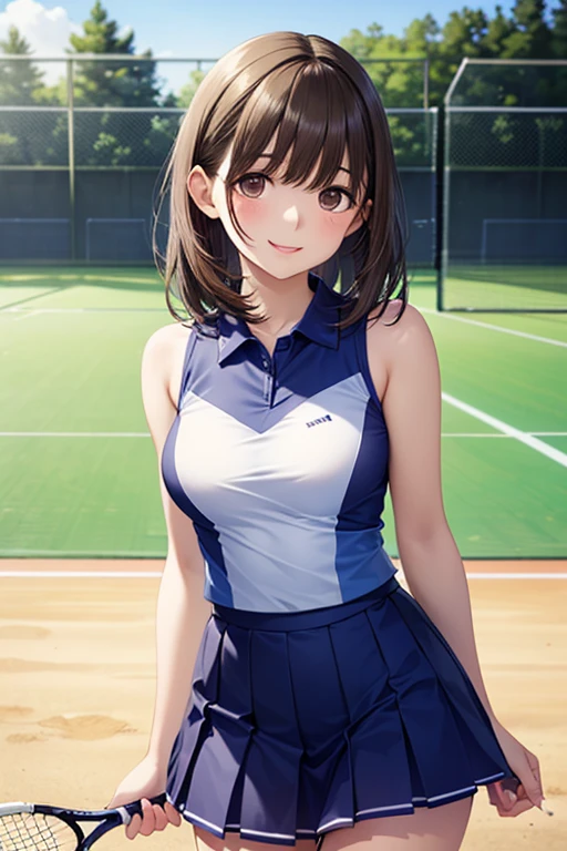 sksbrooke person, sksbrooke, (masterpiece:1.2), (best quality:1.2), perfect eyes, perfect face, 1girl, solo, brown eyes, (medium breasts), perky breasts, blue and black tennis uniform and shirt, tennis court background, smiling, sitting on the bench, arms behind head