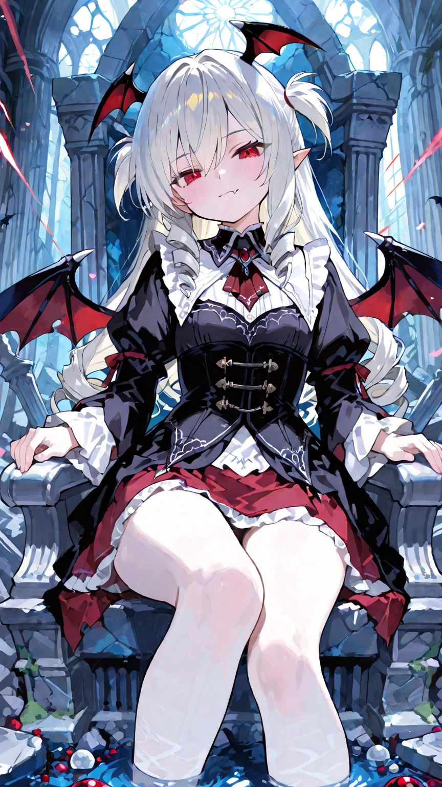masterpiece, high quality, 4K, HDR, A battle-ready demon with a disgruntled expression, open mouth revealing sharp, jagged fangs, narrowed eyes, and crimson irises. Pale skin, silver hair with neatly trimmed bangs in an intake hairstyle, long locks. A black halo hovers above the head, with a pair of large, spread black wings and pointed ears. Dressed in a gothic style. ,a pretty woman,,longhair,garter belt,zettai ryouiki,skirt,long sleeve,red eyes,blue eyes,odd eyes,light,my ,original character,angel,fantasy,foreshortening,dragon,magic,sword,night,moon,starry sky
