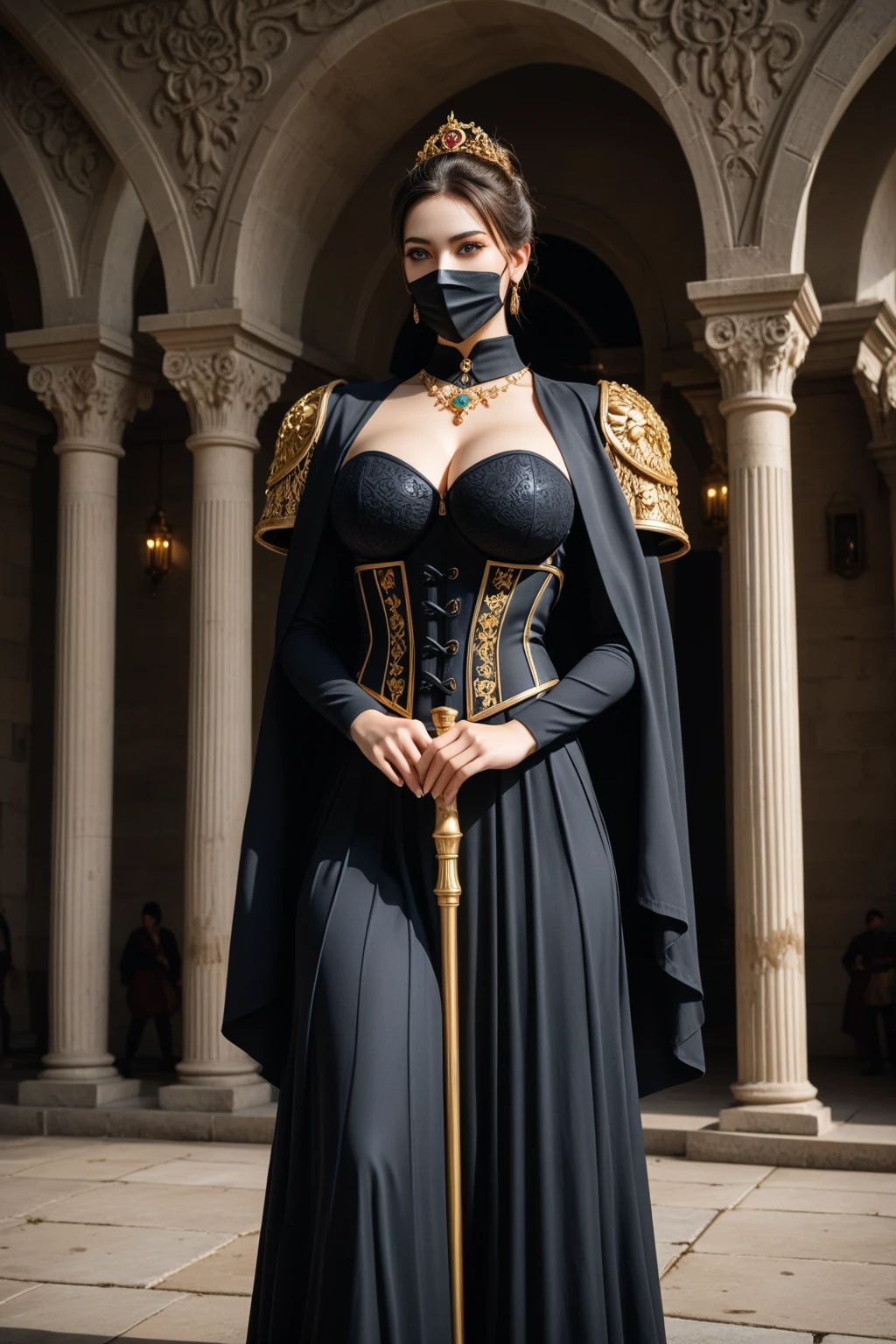 (best quality,4k,8k,highres,masterpiece:1.2), ultra-detailed, (realistic, photorealistic, photo-realistic:1.37), (awe-inspiring, formidable, commanding:1.25), (full-body showcase), (full-body posting), personal guard of the Empress, face concealed under a golden mask, sleek concealed armor, perfect fit body, busty, allure and attractive body, undeniable allure, seductive aura, powerful gaze, breathtaking presence, adorned in ceremonial armor, force to reckon with, armor as a masterpiece, magnetic appeal, terrifying presence, intense reverence and fear, intricate armor details, elaborate designs, subtle shadow and light interplay, character's intense magnetism, each piece of armor telling a story, each fold a testament to power and authority, rich visual storytelling, nuanced details, captivating narrative, intimidating presence, intricately designed armor, dark and sinister ambience, harmonious elements, truly magnificent sight, remarkable depiction, marvel of artistry, teeming with symbolism, layered with meaning.