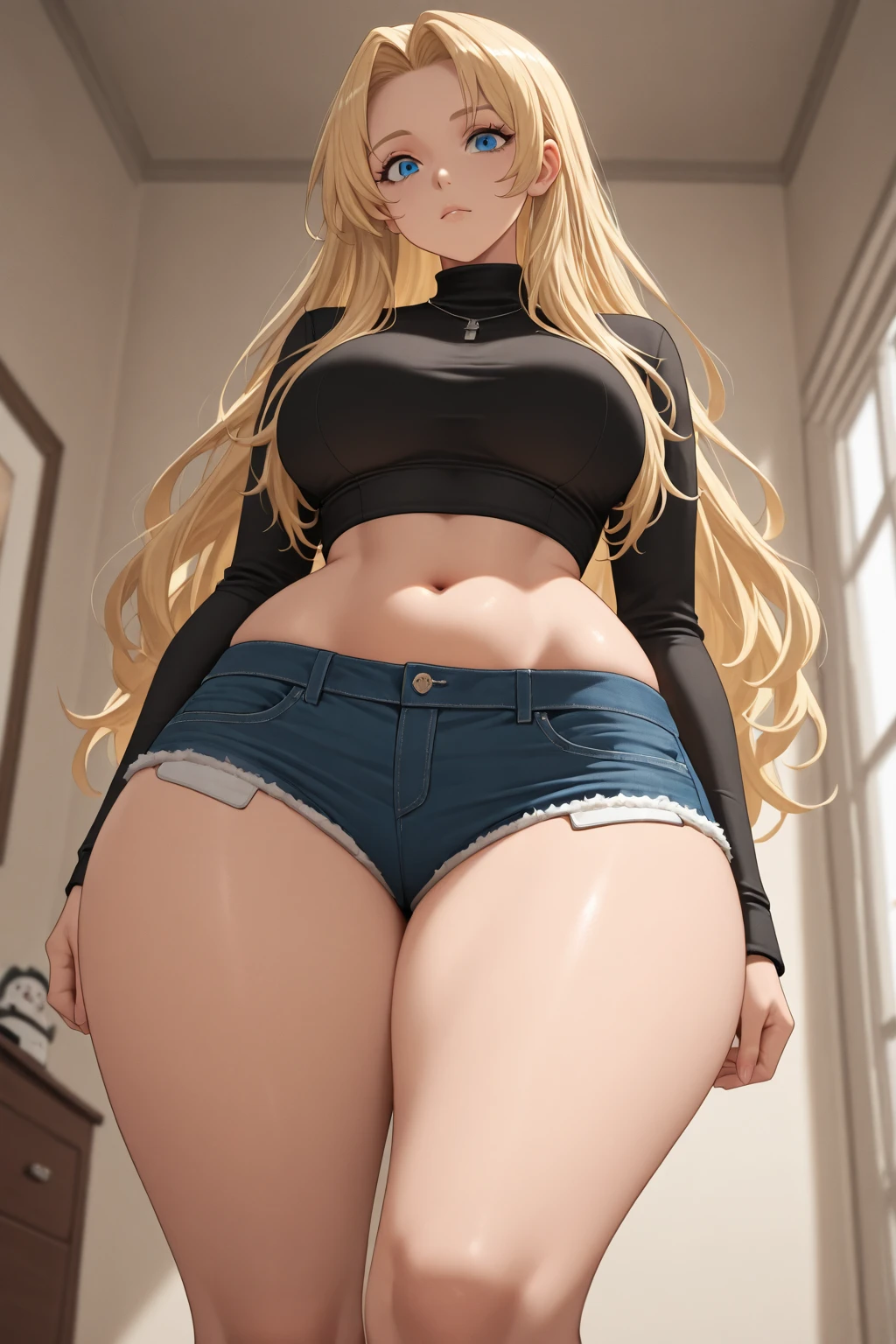 (Best quality:1.3), blonde long hair, smiling, lips, slit eyes, large breasts, thighs, tank top, tight miniskirt, thighs, eyeshadow, night street background, (from below view)