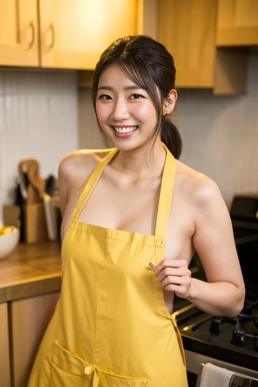((beste-Qualit、8K分辨率、Master masterpiece、Portrait:1.3)), a photorealistic, disposable camera, 35㎜ film, 1 Japan Woman, Beautie, 44 years old, Wavy Hair, Wrinkles at the corners of the eyes, Plump body, ((bra very、panties on :1.5)) , (Inside a hot dog stall: 1.3), Jumbled background, Cooking utensils, Lots of hot dogs, Narrow kitchen