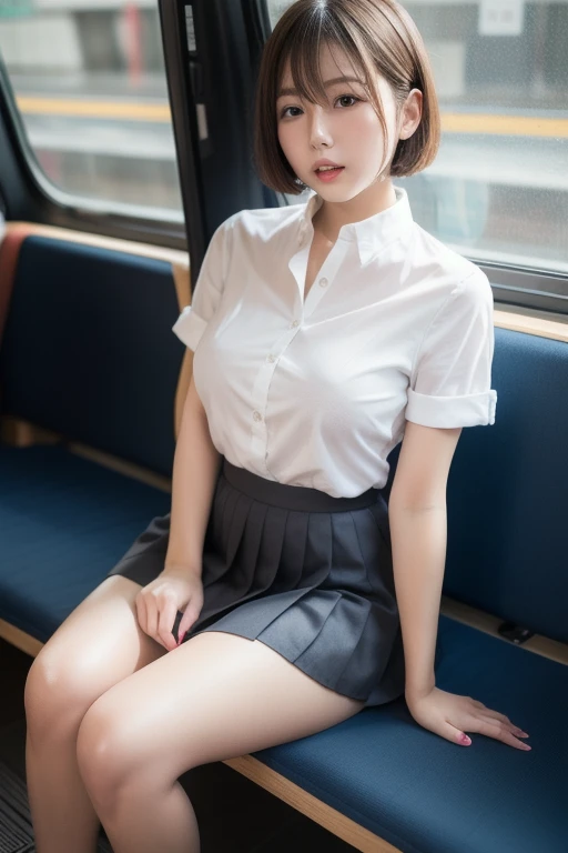 1 woman, thighs, sitting on train, , realistic, raw photo, white shirt, pleated skirt, black short socks, roafer, beautiful leg, medium hair, bangs, looking at viewer, best quality, breast, open clothes,