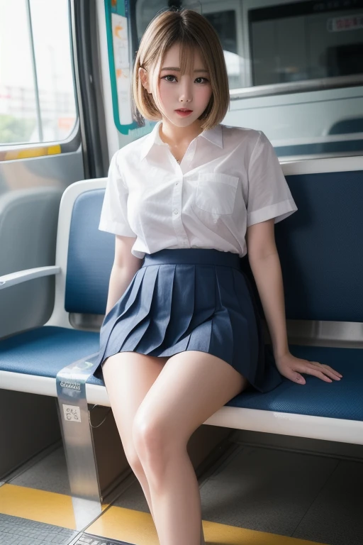 the Extremely Detailed CG Unity 8K Wallpapers、top-quality、ultra-detailliert、masterpiece、realisitic、Photo Real、extremely detailed cute girl、18year old、(High school student in Japan uniform)、(((skirt lift by yourself)))、(Lifted by yourself)、panties on、panties focus、red blush、cparted lips、looking at the viewers、Semi-body shot、(On the train)、(Japan high school uniform and designated shoes)、(short plaid skirt:1.5)、(Short sleeve white shirt for students)、 (neck tie:1.2)、(light brown random hair)、(See-through wet white panties:1.5)、(cammel toe)、(Black loafers:1.5)、(beauitful face:1.3)、(perfectly proportions:1.2)、(Long feet:1.2)、(small tits:1.3)、(Panties can be seen from under the skirt:1.3)、(Textured skin)、Angle from the side