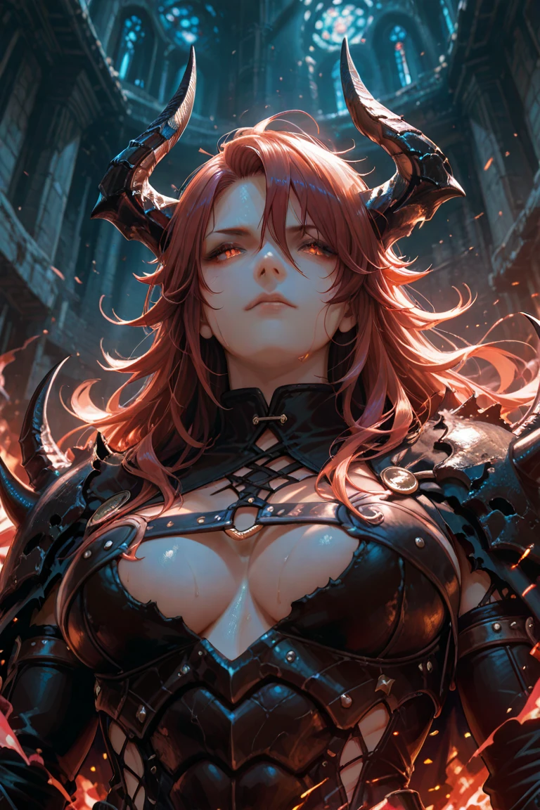  It  in color and uses the flames, (best quality), wideshot, an woman with very long red hair, neckline, black ribbons, , bodysuit, cold look, queen, good anatomy, correct proportions, torn clothes, queen, serious, mysterious appearance, blood, emotionless, evil, (yellow eyes), gothic, large chest, cinematics, color oil painting, solo, cinematic lighting, extremely detailed face, finely detailed face, beautiful face, beautiful eyes, perfect lighting, depth of field, realistic proportions, good anatomy, ((((Obra maestra, La mejor calidad, ultrahigh resolution)))), 1girl, standing, (sexy latex costume), facing the viewer, face shot