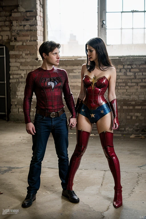 A batkid girl doing push ups with Superman at gym