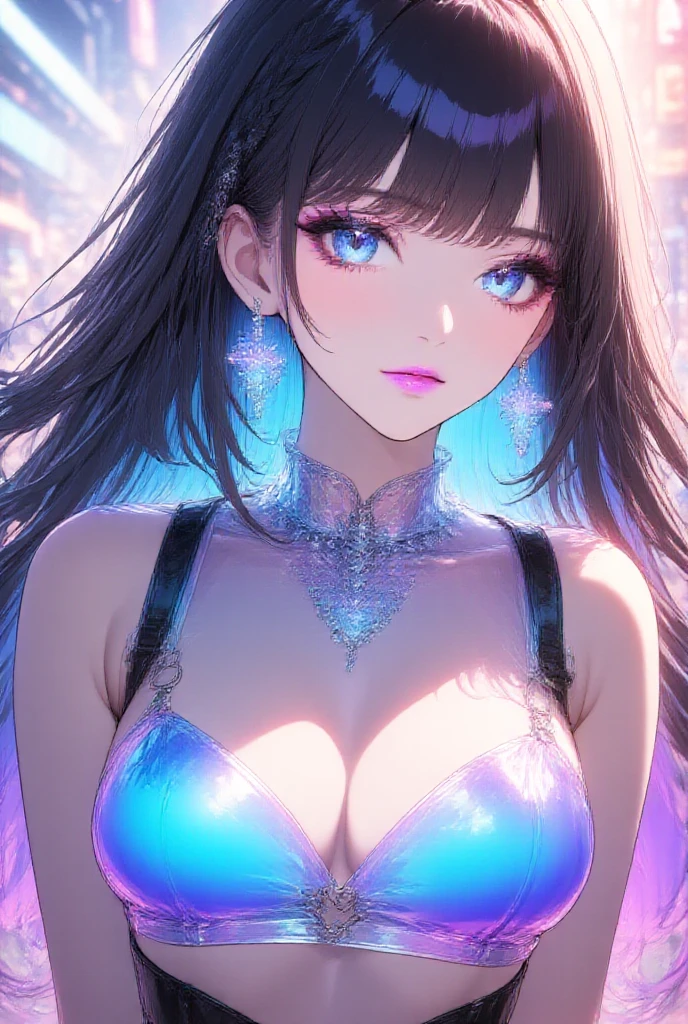 A girl with dark hair and iridescent eyes with aaesthetic built, looking at the viewer, underwear,full view, realistic
