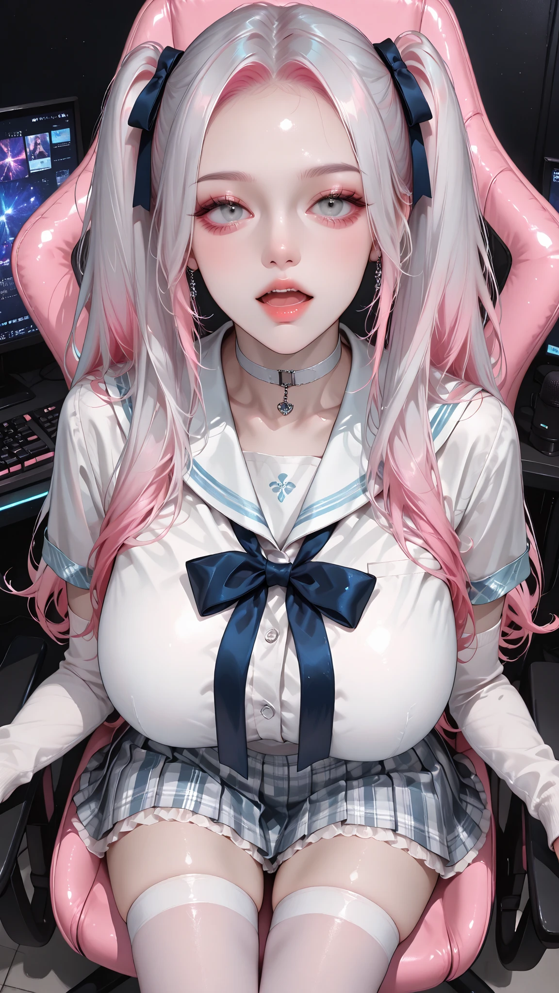 masterpiece, best quality, vibrant, very aesthetic, high contrast, (semrealistic), newest, koreanai, best_quality, finely_detailed_eyes_and_detailed_face, (1 girl, band), long_hair,twintails, bangs, gradient_hair, colored_hair, (pink_hair:1.1), (blue_hair:1.1), (silver_hair:1.1), no bangs, forehead exposed, slim_face, gray_eyes, skinny,(huge_breasts:1.3) large_hips, (tall_girl:1.2), (long legs:1.2),BREAK, sailor_uniform, school_uniform, idol_costume, frilled_dress, neck_ribbon, pleated_skirt, detached_sleeves, choker, lace_stockings, BREAK, (open_mouth:1.3),sitting_on_chair, from_behind, side_view, looking_at_monitor, focused_pose, typing_pose, hands_on_keyboard, upper_body, facing_screen, casual_posture, streaming_room, bedroom_background, desk, dual_monitors, ring_light, microphone_arm, led_lights, pc_setup, posters_on_wall, gaming_chair, monitor_glow, soft_shading, rim_lighting, ambient_light, fabric_texture, glossy_skin , BREAK,  BREAK,vtuber, idol_style, anime_girl, digital_avatar, big_eyes, glossy_eyes, small_nose, cute_face, slender_neck, fabric_texture, glossy_skin, skin texture, glamorous mood,  pretty, 
,beautiful, (upper_body), looking_afar,  close-up shot,  portrait, side_view, from_above