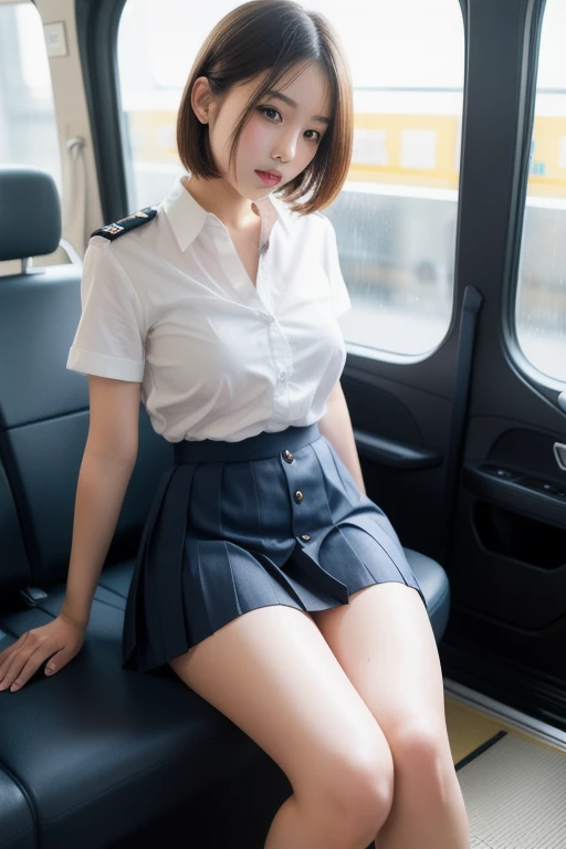 of the highest quality, masterpiece, ultra high resolution, (reality: 1.4), Photo original, A girl, maduro, White JK uniform, happy smile, , squatting on the train seat, cinema lighting, open legs, tight clothes, Ahegao, marked nipples, wet