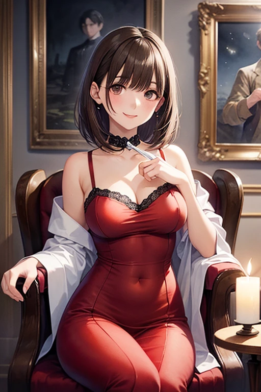cowboy shot,<lora:takebaYukariStr1:1>, takebawinter, dress, fur trim, choker, earrings, bare shoulders, collarbone, indoors, sitting, couch, from above, smile, highres, Digital art, trending on artstation, best quality, insanely detailed, masterpiece, stunning environment, wide-angle,