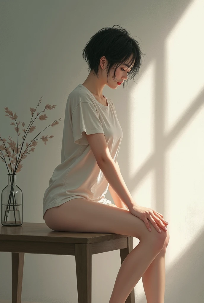 ????? and wearing only a white T-shirt、????? nipples、No underwear on、((Small Bust))、I can see your ass、Sitting