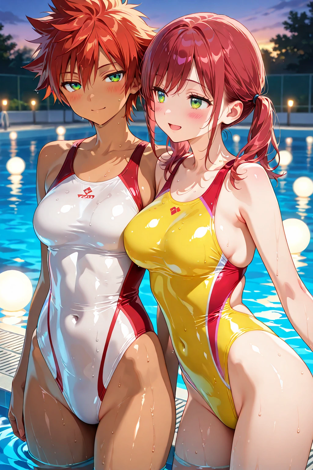 ((Highly detailed CG, anime image, art CG))((Clearly drawn face, cowboy shot))((Smiling face))(Indoor pool), Jessica Albert (Dragon Quest), 1 girl, competitive swimsuit, orange short pigtails, more prisms, vibrant colors, standing pose, full body, glamorous