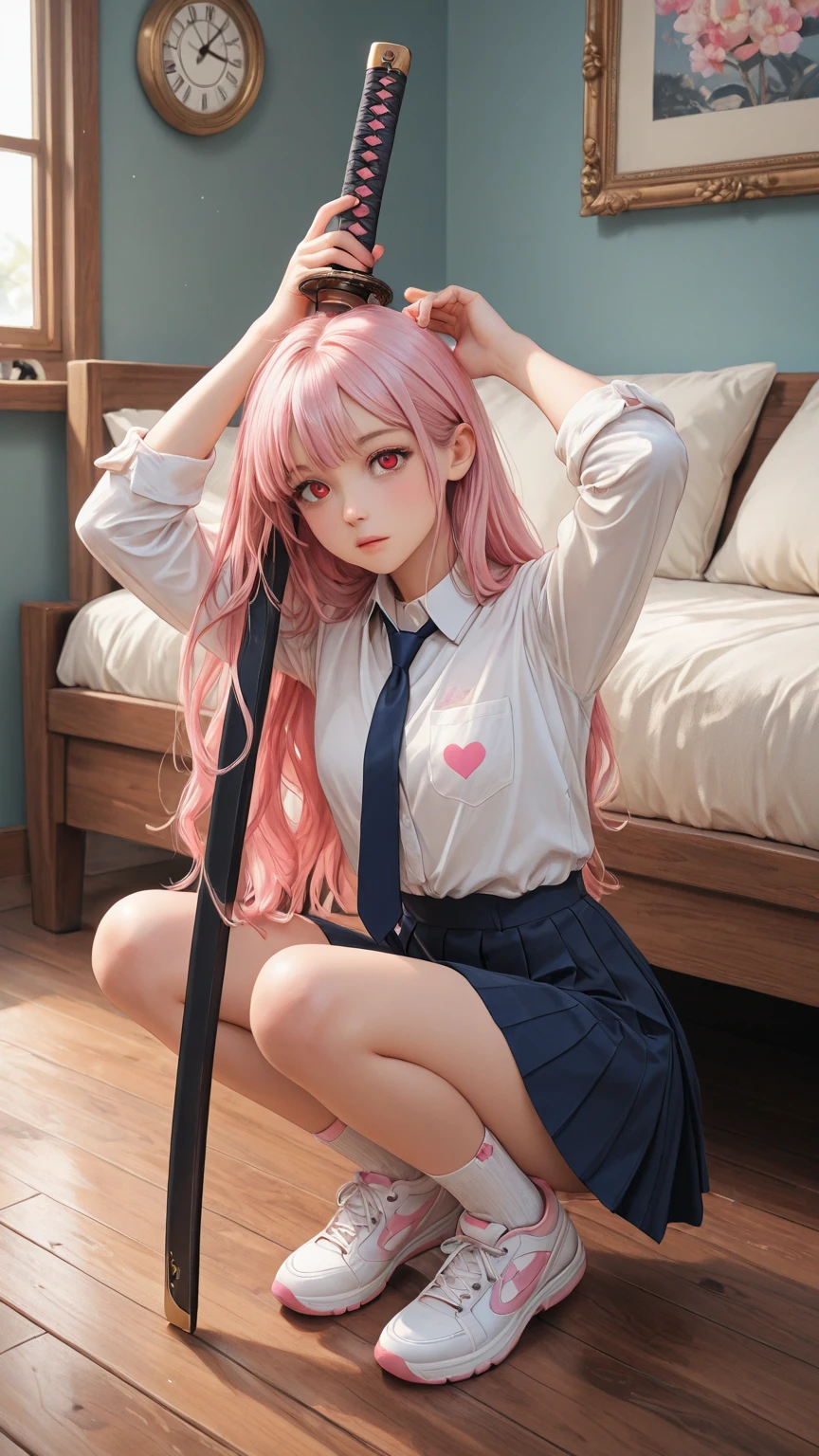 Bind anime girls,Ideo,Pink Long Hair,Purple eyes,Captured,Tighten with a string,Tie your hands behind your back,Sitting on the bed,Leg height, Detailed