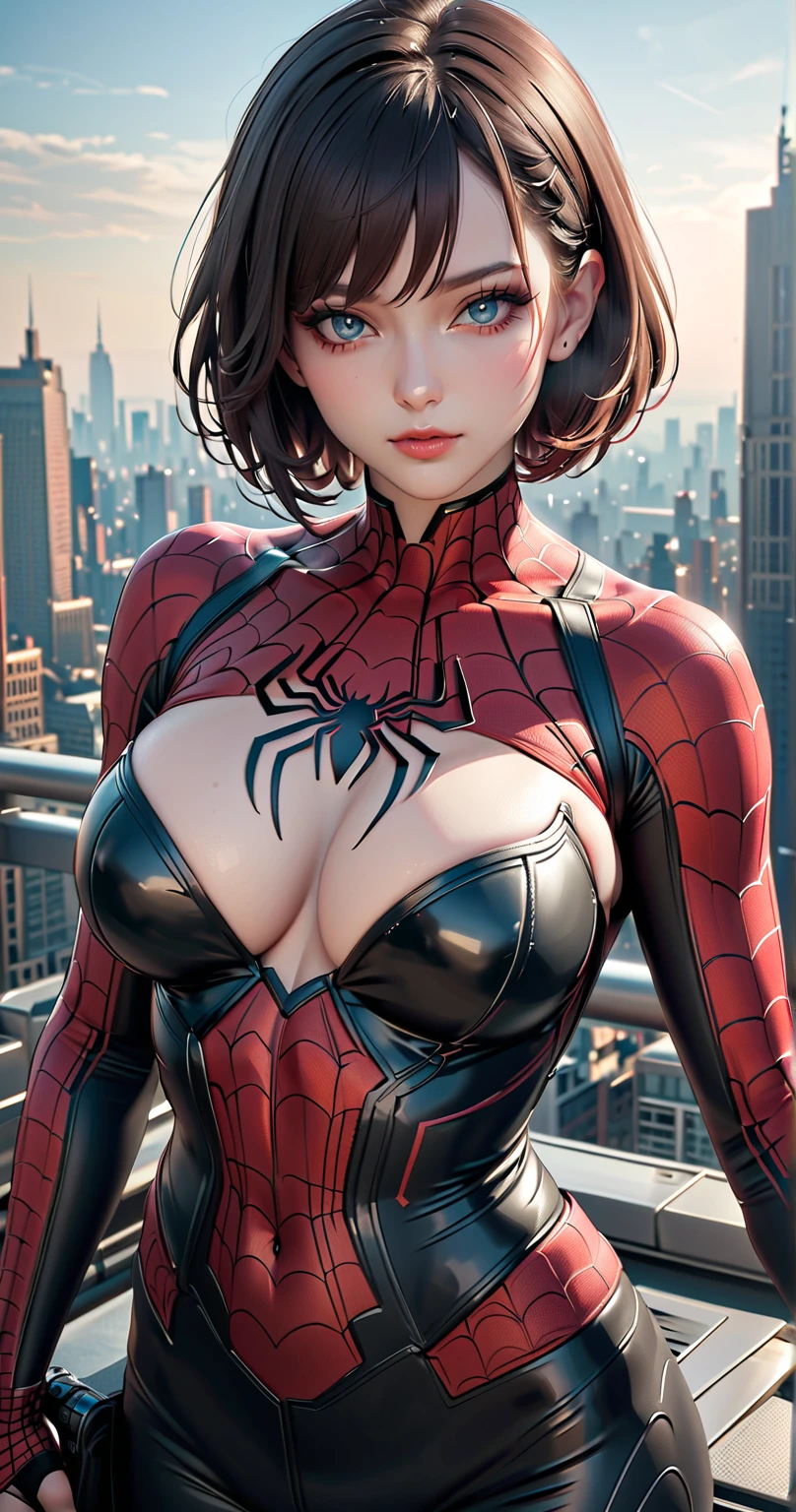full body shoot,   emma watson ultra high detailed, wearing a very tight spiderman costume  ultra high detailed,  human huge breast ultra high detailed,    human thigh ultra high detailed ,  human beautiful face  ultra high detailed,  beautiful face of emma watson  is very detailed,  whitest  skin is ultra high detailed, Best quality, 16k, Masterpiece, (hyper realistic :1.3), 1girl,  face ,  red lips ultra high detailed , whitened skin ultra high detailed,  beautiful face ultra high detailed , medium hair,   glowing skin is ultra high detailed, model pose,   (ultra sharp 4x+anime :1.4) , ( japan: 0.5) , (  albino : 1.2),  red color eyes, sharpen, no shadow