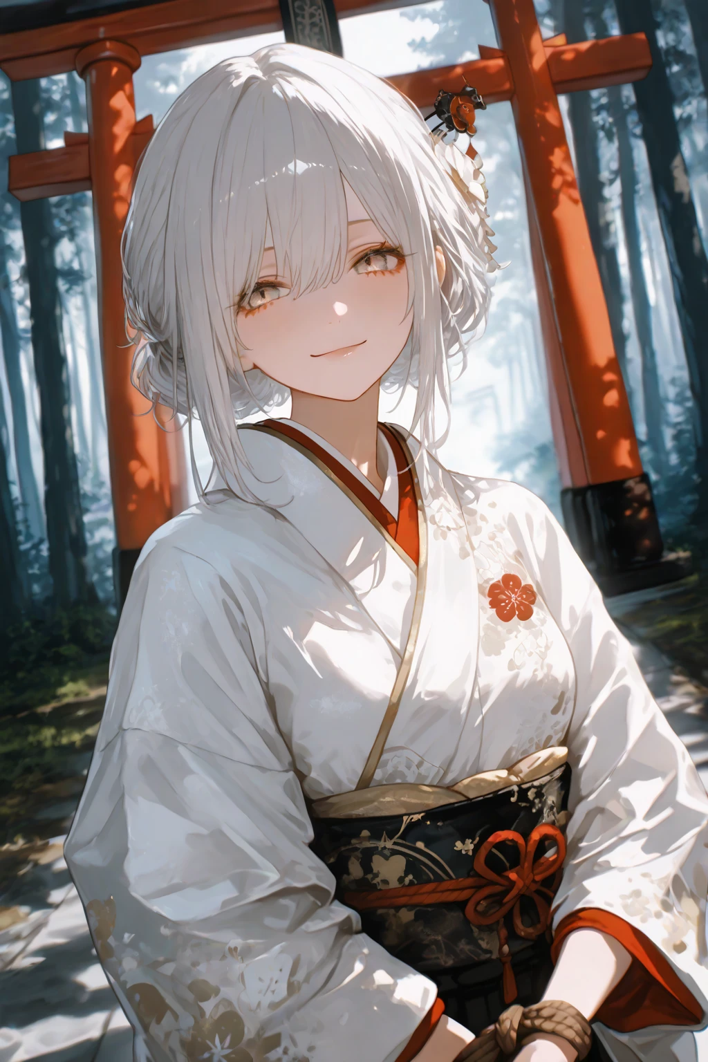 1 white fox girl with fox ears, 9 Back, Japanese shrine background , Short length, ，A kind smile，shy，blush，Hayao Miyazaki style, hot kimono, view from the front, naked, having sex, vision front 
