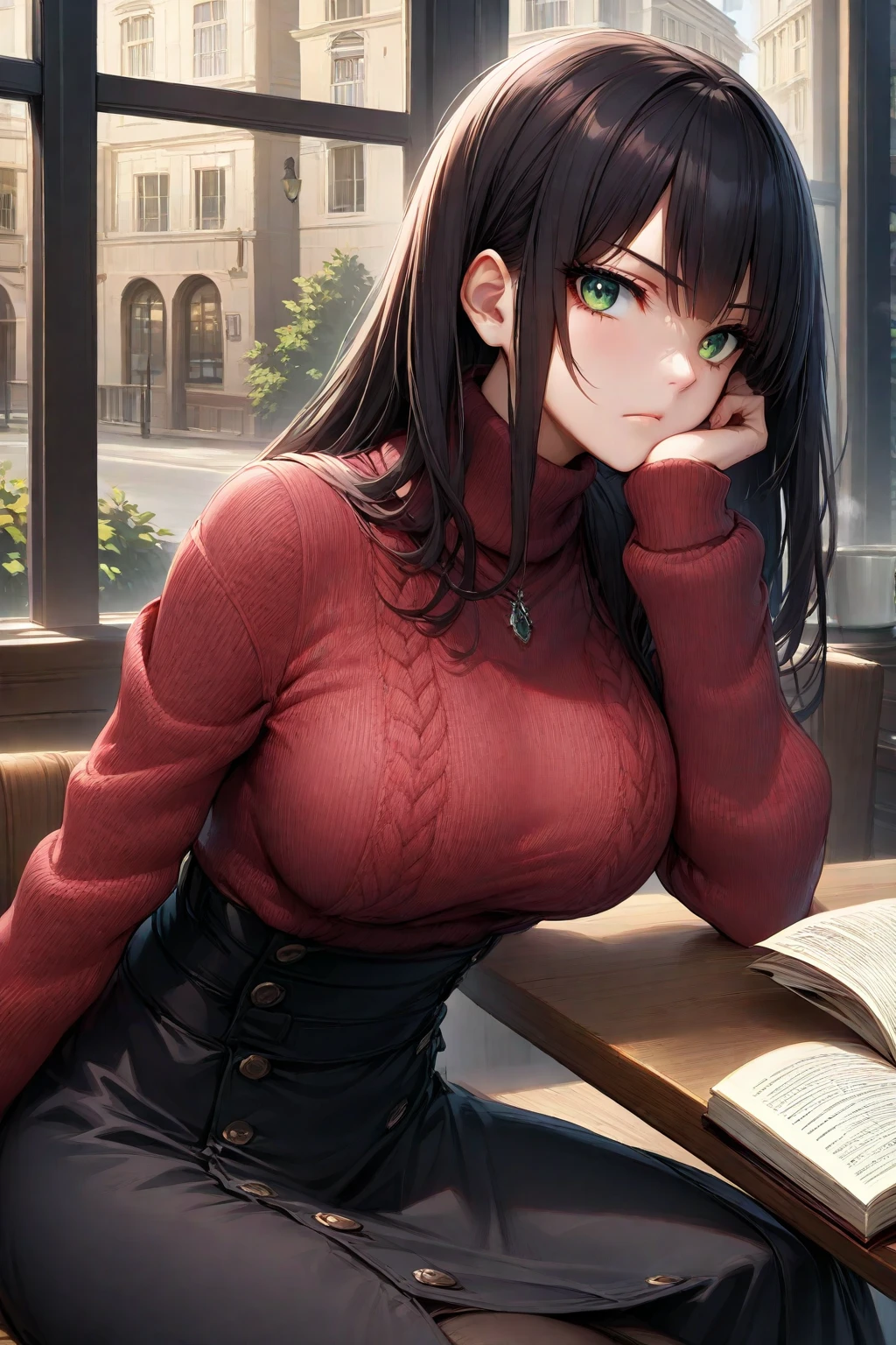 (from above:1.1),(from side:0.9),masterpiece, 1girl, Bust A Cup, Amazing Cleavage:1.1, thin waist, big ass, Raised sexy, small breast: 1.4 posed cleavage:1.2、solo, looking at viewer, open mouth, have a cute grass of cute beergrass,black hair, dark green eyes, dress, bare shoulders, jewelry, collarbone, sidelocks, hairband, earrings, indoors, off shoulder, :o, sweater, arms behind back, plant, short hair with long locks, gild hairband, off-shoulder dress, sweater dress, off-shoulder sweater, red sweater, dark gord hair, big side hair, very long side hair,is rendered in (masterpiece: 1.2, best quality), with (ultra high resolution) and an exquisite (depth of field). This masterpiece is not only visually stunning but also tells,A scene of cooking in the kitchen by classroom