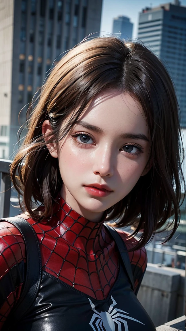 , 8k, High-level, absurd, masterpiece, best quality, primitive, very detailed CG, very detailed wallpaper, perfect lighting, Extremely detailed (((The personifying " Spiderman " as a Little Girl))), MysticSight, Tyndall effect, Tyndall scattering, Studio gray background with (many Dazzling RainbowColor particles BokeH:1.28), (RoundlyButts, ThighGap), (:0.4), ( with looking ahead), BREAK (NOGIZAKA face variations) Extremely Detailed very KAWAII face variations, perfect , Childish, captivating gaze, elaborate detailed Eyes with (sparkling highlights:1.28), long eyelashes、Glossy RED Lips with beautiful details, Coquettish , Rosy cheeks, Radiant PearlSkin with clear transparency . { (Dynamic LifeLike expressions:1.4) | :d) }, (large eyes:-1) .