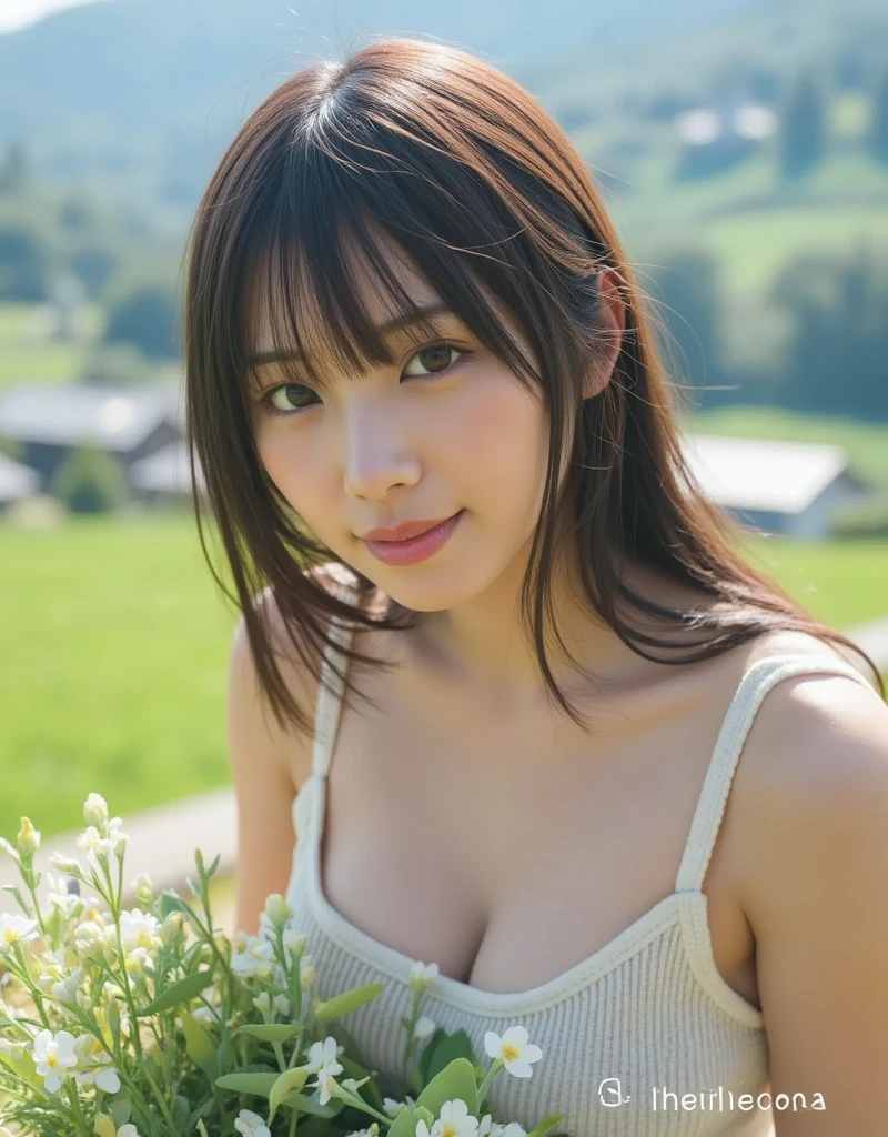 Ultra-high resolution、Japanese beauty、Big eyes、cute、Beauty、The breasts are very large、Western flowers in the background、sunny、smile