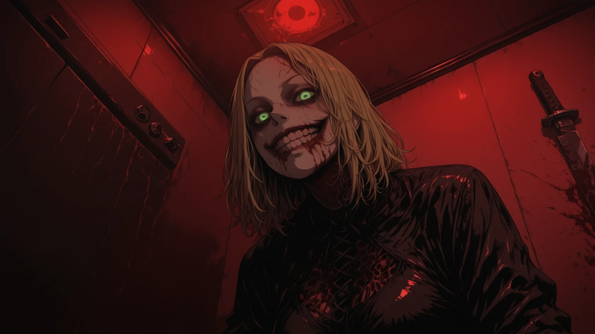 p0ssessed, ceiling, corner, wall, low angle, view from below, against wall,,sinner2,ellie,deadite,sinner2,PRSNL4 Style, very aesthetic, digital drawing, ,horror scene,horror scene, dark, glowing eyes,horror scene, knife, dark horror hotel rooms, glowing eyes, girl, kitchen, gore,ellie,deadite,h0rr0rstyl3,masterpiece, ultra highres, perfect detail, "TOXIC-ELLIE-PRIME", teenage girl deadite cleaning room service at doom hotel, perfect evil dead rise horror, acid-burned blonde hair, glowing yellow-green eyes, twisted maiden outfit melting skin with chemicals, pale skin stiched up face, with toxic red veins, maniacal grin with blood-stained braces, bathroom stall covered in acidic spray, perfect possession atmosphere, blood , red mutations, reuters, tendons , disgusting, vhs vibe