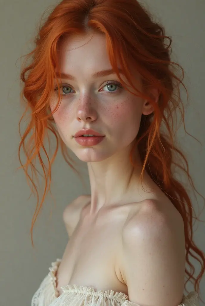 (8k, RAW photo, highest quality),(epic realistic:1.5), a girl, dynamic posture,erotic face,shirt,(detailed eyes:0.8),(looking at the camera:1.4), (highest quality), (best shadow),intricate details,cinematic,((skin:1.4)),interior, (long ponytail ginger hair:1.3),dark studio,(hdr:1.5),detailed, muted colors, freckleright lighting: 0.7), masterpiece, big angle shot, RAW photo (pale 19-year-old Irishwoman, looking up at the viewer) (undressed, disheveled, with bright red matted hair), (sitting), full-length portrait, perfect face, captivating eyes, bright details, pouting lips (high skin detail), freckles, medium breasts, hard nipples (tint: 0.6), (dirty: 0.8), (bloody: 0.7), Key lighting, (backlight: 0.5), medium depth of field, Canon 5D, 50mm lens, f/4 aperture, (ultra-detailed, complex detail), sharp focus, 8k, absurd, 8mm film grain, flirting with camera