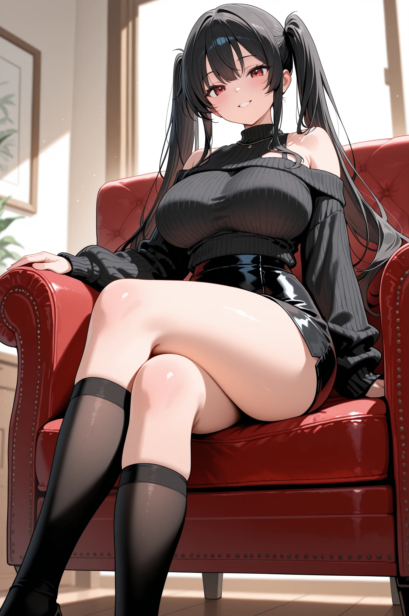 Girl in thigh-high boots, sitting in the room, half naked, big breasts,