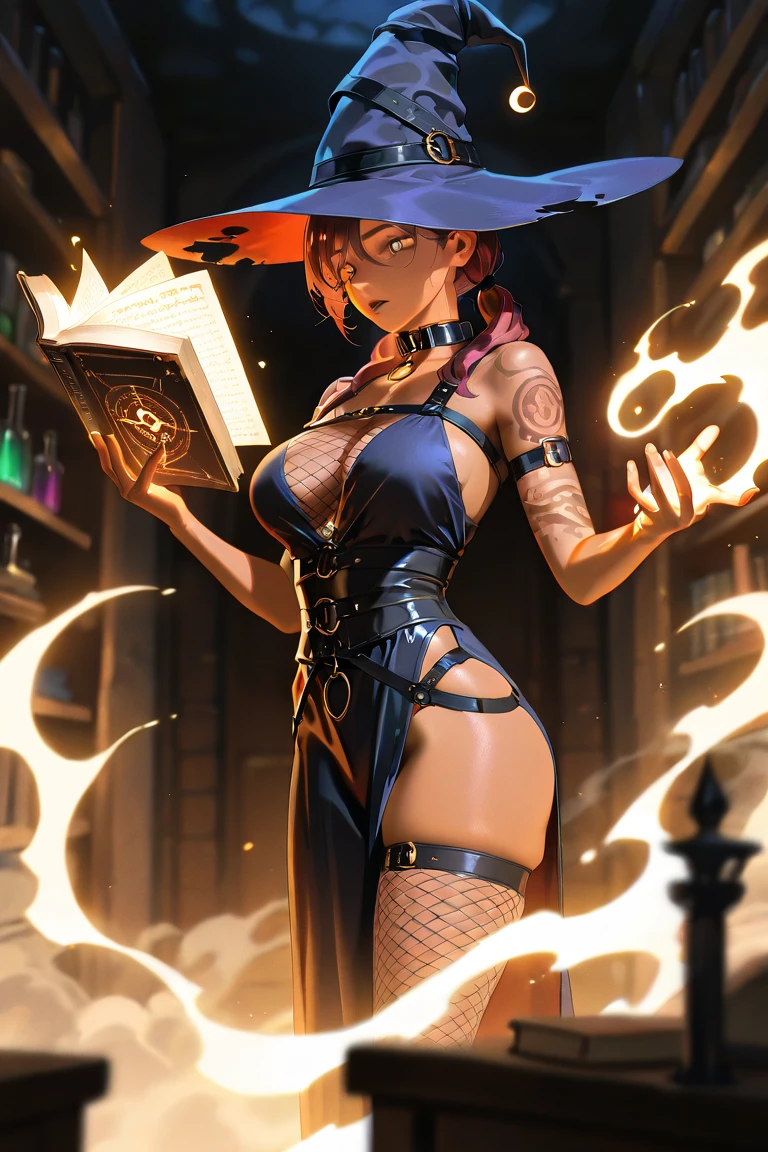 masterpiece, best quality, a professional erotic portrait photograph with vivid colors of a beautiful female witch wearing skimpy streetwear clothes and a witch hat, casting a spell in a dark garage filled with computers, makeshift electronics, wires, sparks, (by moebius:1.3) <lyco:GoodHands-beta2:1>