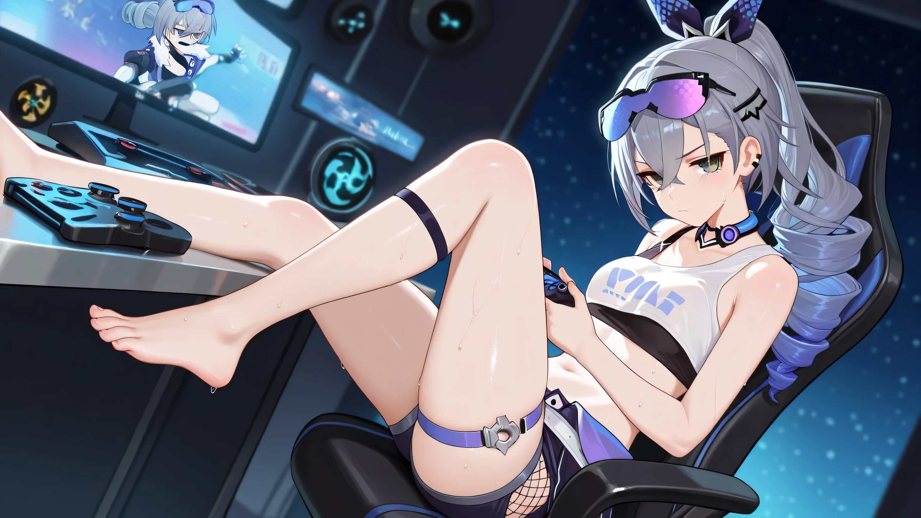 masterpiece, ultra highres, best quality, silver wolf honkai star rail, playing a gaming device, sitting, wearing shorts, annoyed, looking at viewer, sweating, one leg on the table