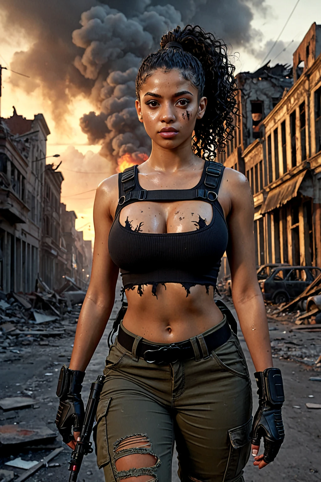 a confident woman posing with short, dark brown hair styled in a bob cut. She has light skin and striking blue eyes, with a determined expression on her face. She is wearing a form-fitting blue tank top, black skirt, and a white long-sleeve shirt tied around her waist. She has a black shoulder holster and is holding a handgun in her right hand. The background is a destroyed city, adding to the dramatic and intense atmosphere of the image. The artist's signature is visible near her left shoulder.