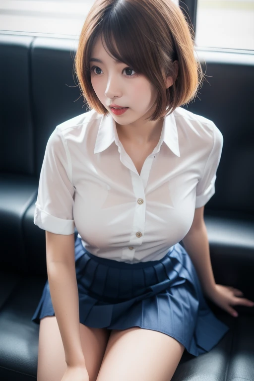 (8k, Photorealistic, Raw photo, Highest quality: 1.4),Japanese idol-style beautiful girl,1 person,17 years old,Hairstyle(Short Bob,Black),She has her hair tucked behind her ears,Large, clear grey eyes,Long eyelashes,Plump Cheeks,Thin and delicate shoulders,bra,thin abdomen,Open shirt(Unbutton the front and open it all the way..4,Hemming out),Pleated skirt,School classroom,Full body portrait
