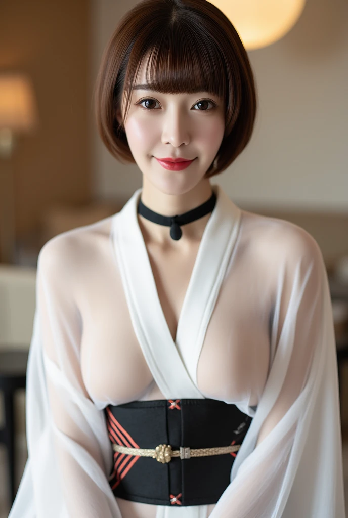 (highest quality, masterpiece, Photorealistic, Ultra-detailed, Ultra-high resolution, born:1.3), (1 Girl, cute, Japanese), white skin, (beautiful girl, slender girl: 1.3), (19 years old: 1.3), ((black, coarse mesh body Suit Left and right chest only open, long sleeves: 1.3)),((black, coarse mesh body Suit Left and right chest only open, long sleeves: 1.3)),Japanese、Short Hair、Black leather collar、(((Very large breasts)))、Heavy chest、J Cup、Amazing big 、Hands are not reflected、My eyes are watering、Watching the audience、Night view、Starry Sky、Veranda of a high-rise hotel、Are standing、Maid、bangs,Watching the audience、(((Exposed breasts))) ,(((Nipples exposed))),(((Exposed breasts))) ,(((Nipples exposed))),Both breasts are visible、
