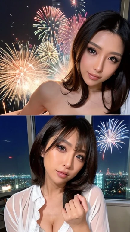 Highest quality, Ultra-high resolution, (Realistic:1.4), RAW Photos, (One blonde woman and one long-haired woman and one short-haired woman),((Three Women)),((nude)),((Fireworks display)), Detailed skin,Beautiful big breasts,(whole body),(Group photo of women:1.4),