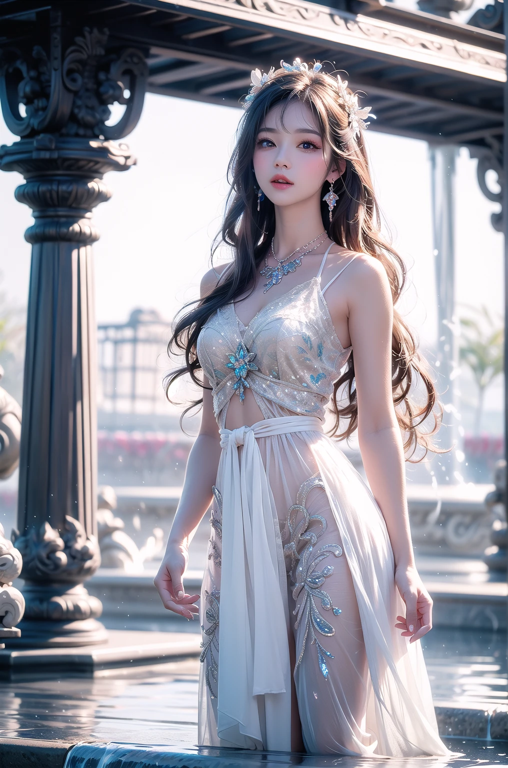 (masterpiece, best quality, high quality, highres, ultra-detailed), 4K,(photorealistic:1.3), Detailed,Ultra-Detailed, 1 girl,solo, <lora:Gem-Studded-V1:0.7>,gems, Gown,pearl necklace,nature light,cowboy shot, pale skin, see-through, bare shoulders, medium breasts, long hair,curly hair, blonde hair,