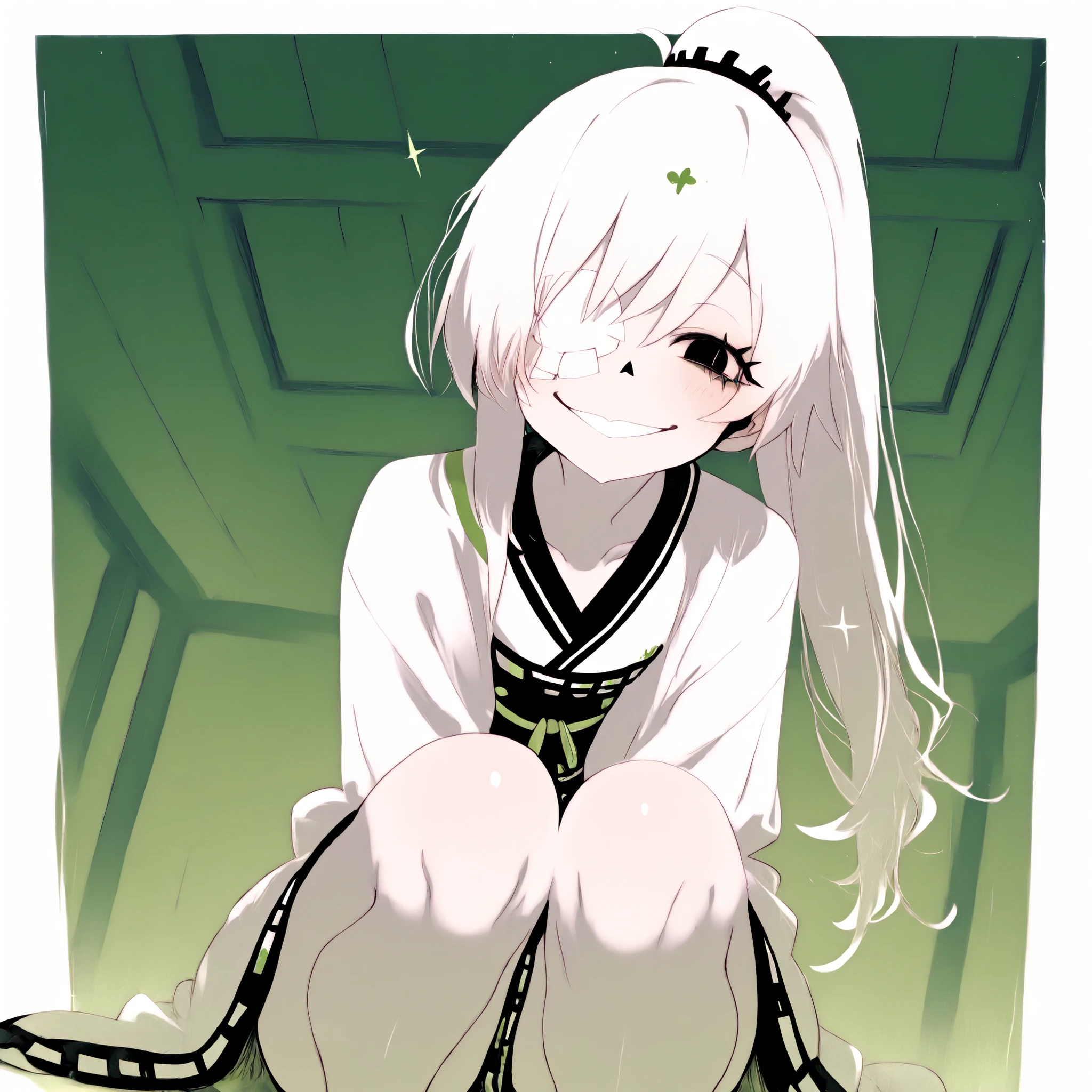 *highly detailed*
*femba with white hair 2 meters long,Ponytail,with clean skin ,with a sharp little nose,white blindfold, with black eyes , with pupils in the form of a four-pointed black star with white edges,thin lips and a feminine face* *long hair*
*Raises the bandage, hugging one eye*
*He sits with his legs folded and smiling calmly* *hair is scattered next to*
* dressed in a white kimono *
*lies on the floor looking at the ceiling in the green and white marble temple next to the pond in the middle*
*The view from above zoom on the face*