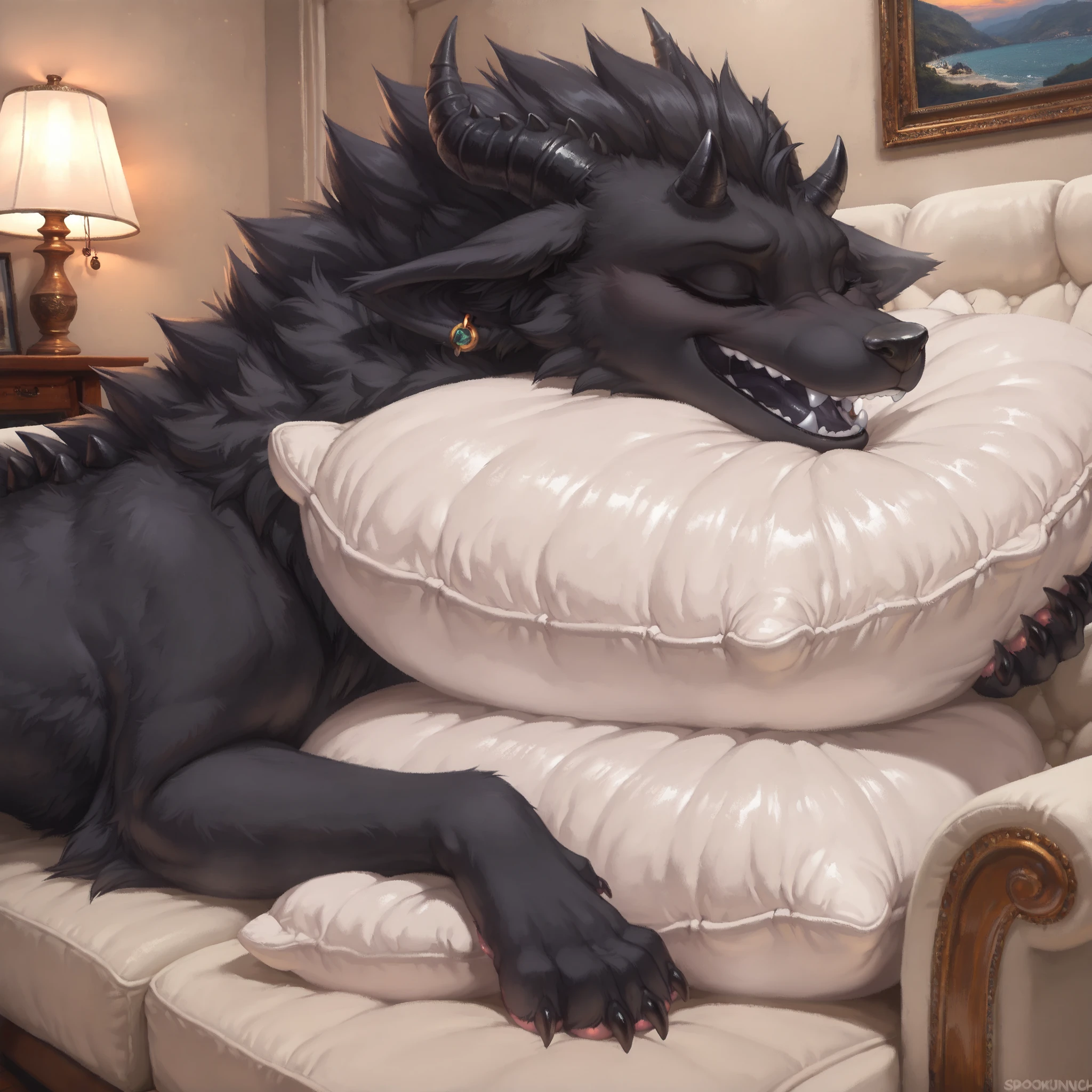Masterpiece,Best Quality,High resolution, 4k, 8k,Oil painting,detailed painting,detailed shadows. ((Feral:1,feral,furry,male,solo,feralized, Quadruped form,snout,spinous anatomy,spiked head,spiked back,small black pointed horns,mammal,black skin,inner light black skin,fluffy fur,fur tuft,fur texture:1,detailed fur,neck tuft,eyeless,featureless face,empty dark sockets,grotesquely extended jaw,mouth stretching from ear to ear,unnaturally wide mouth,distorted facial proportion,silly face,blerp)). Looking a pillow,pawpad touching the pillow,smug,sleeping,head pressing pillow,three-quarter view,mattress, living room background,detailed background,spotlights, table, chair, extra objects in the background, dim light,close-up,zonkpunch style.