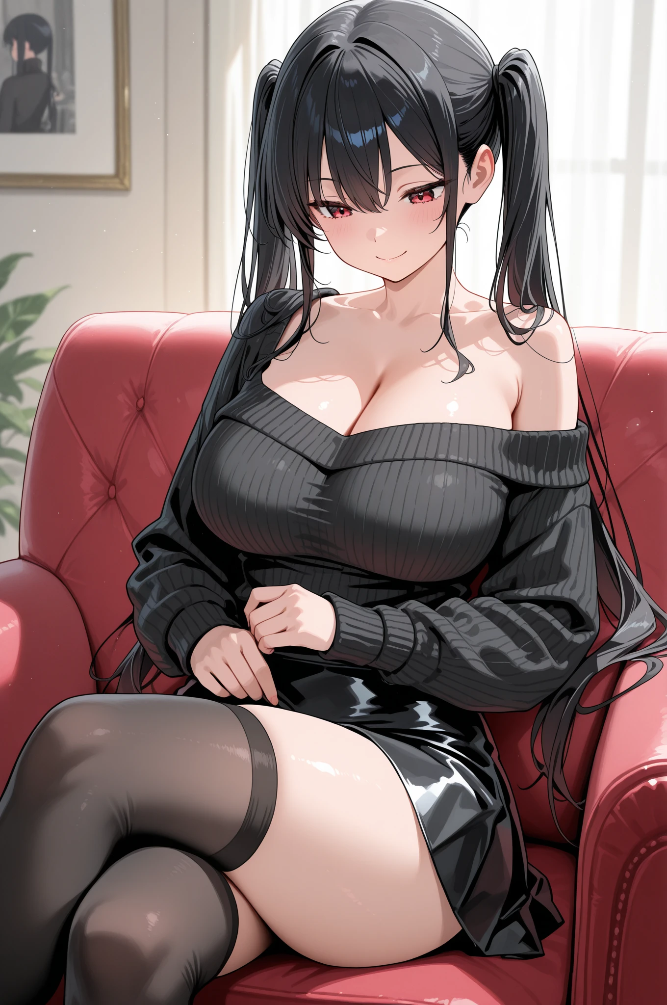 ((((Masterpiece)))), beautiful details, perfect focus, uniform 8K wallpaper, 4320p, high resolution, exquisite texture in every detail, Medium shot photograph, masterpiece, best quality, 1girl, solo, long hair, breasts, looking at viewer, blush, smile, bangs, black hair, red eyes, thighhighs, dress, cleavage, bare shoulders, jewelry, sitting, closed mouth, collarbone, flower, thighs, hairband, earrings, black thighhighs, indoors, off shoulder, huge breasts, sweater, rose, garter straps, red flower, couch, white hairband, on couch, sweater dress, off-shoulder sweater, red sweater, gold earrings, open legs, spread legs, white pantsu, openpussy.detailed, both hands well drawn and drawn with great precision in every detail, well drawn and drawn hands, yor briar,anime,