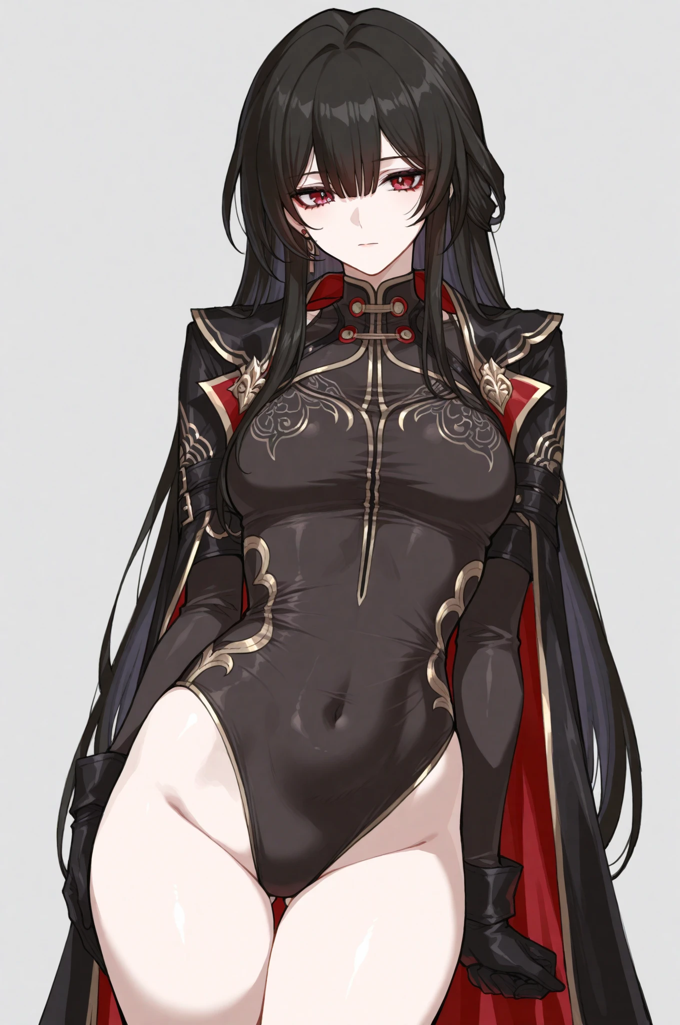 [a handsome, sexy mature woman with a seductive smile and parted lips stands against a white background. darkskin, She has sharp eyelashes, eyes browns, and long black hair with bangs. His figure is voluptuous, with a narrow waist, Broad Hips, and huge breasts. The image has an impact, Genshin-inspired style, rendered in high detail and HDR quality as a stunning work of art.]