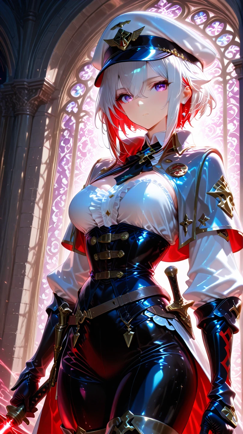 A masterpiece image of Noelle with the best quality, capturing every single detail and showcasing her stunning beauty. The image should have a high level of realism and photorealism. Noelle has a bob hairstyle, a serious expression on her face, and her hands raised up to the sky. She exudes determination and a strong aura. The scene is set on a battlefield with bright overall lighting and a backlighting effect. There is a dense fog that adds a fantastical atmosphere to the image. Noelle's body lines are beautiful and well-defined, emphasizing her slender figure. Her breasts are small but exquisitely beautiful, with a gorgeous cleavage that adds to her allure. The overall color tone of the image should be vibrant and vivid. The lighting should create a dramatic effect, enhancing the mood and emphasizing Noelle's presence. The image should be ultra-detailed, with a resolution of 4K or even 8K, making it a true masterpiece.