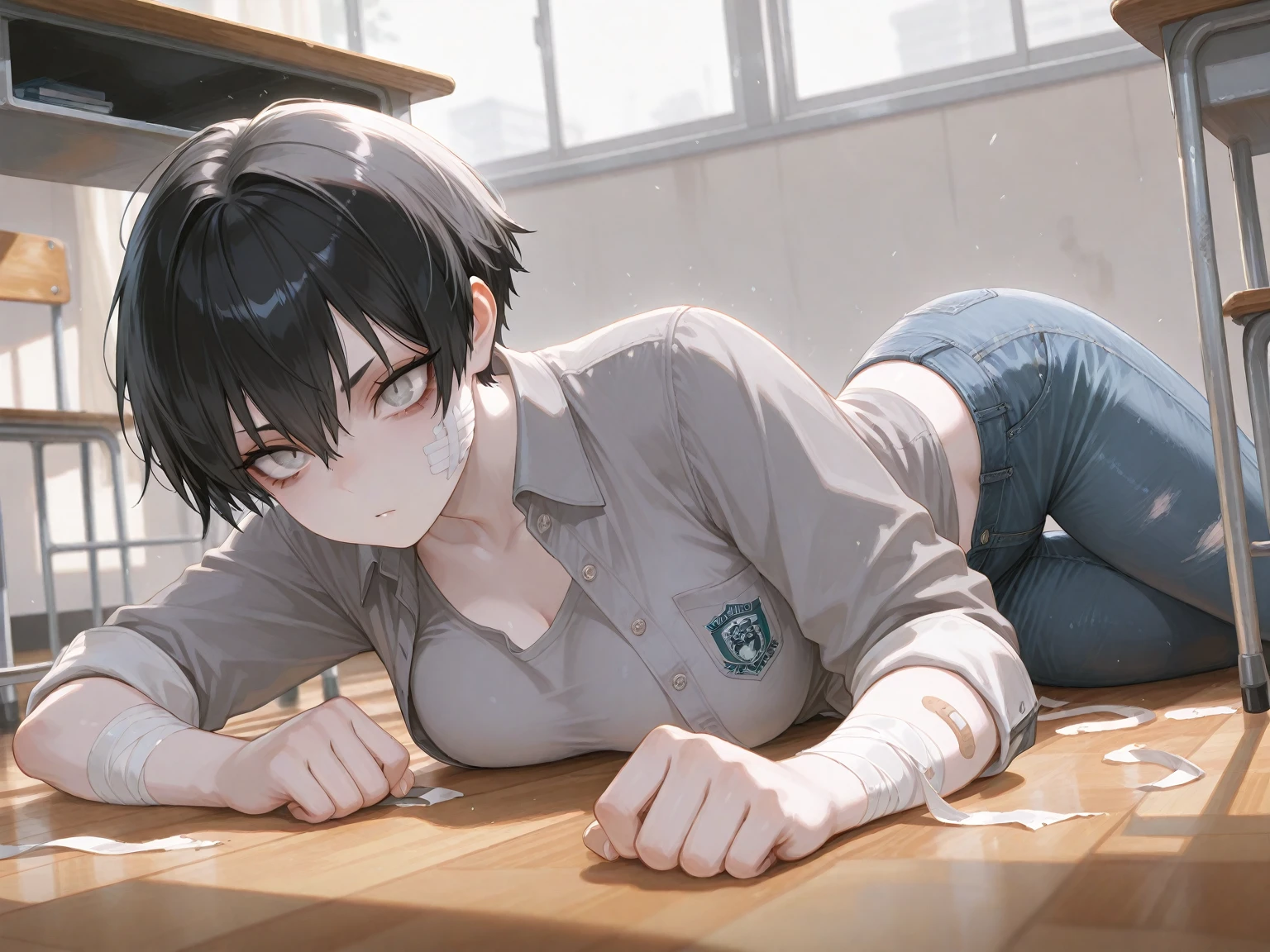 Gray hair front，Lie on your stomach at the table，Black-haired man，Hold the teenager from behind，The man held the huge chest muscles of the boy in front of him with both hands。