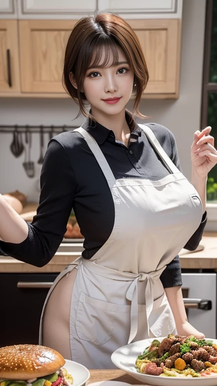 ((The Ultimate Beautiful Japan Married Woman))、Mature、Beautiful facial features、(Big eyes:1.3), Detailed lips, inely detailed beautiful eyes, Double eyelids, long eyeslashes、(((White breastplate apron))), (short brunette bob), (Huge breasts), (Curve), cparted lips, ((Beautiful teeth alignment)), red blush, a captivating gaze、Seductive smile, tmasterpiece, Background with: ((There is a lot of food in the kitchen:1.5)), best qualtiy,Hyper-detailing,illustratio,Fine and detailed eyes and detailed face) Round chest,looking at viewert,独奏,A MILF,thighs thighs thighs thighs, Standing, (Photorealsitic:1.4), (Top image quality:1.0), (超A high resolution:1.0), 8K, Raw photography, (masterpiece)