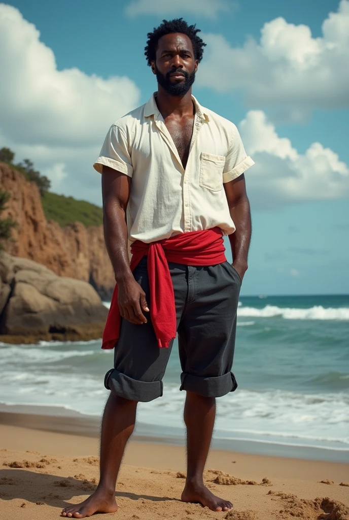 Black man on the beach in transparent white swim trunks