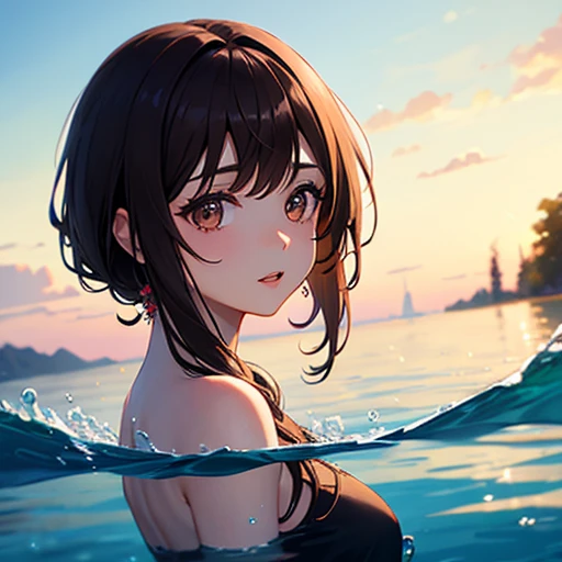 hay una mujer anime en bikini negro sentada en una piscina, al lado de una piscina, sentado en la piscina, atardecer, alta calidad, hd, 