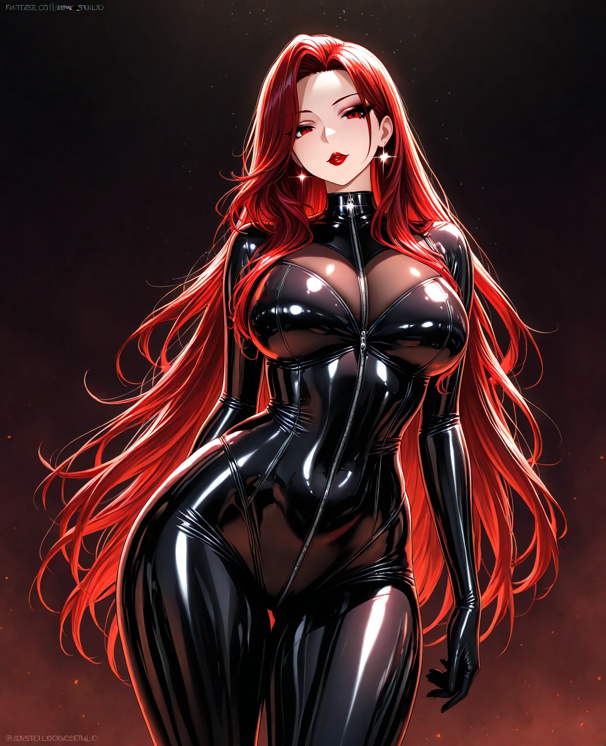 Red-haired cat-eared domina girl, big body, with a black leather suit attached to the body, showing nipples and vagina