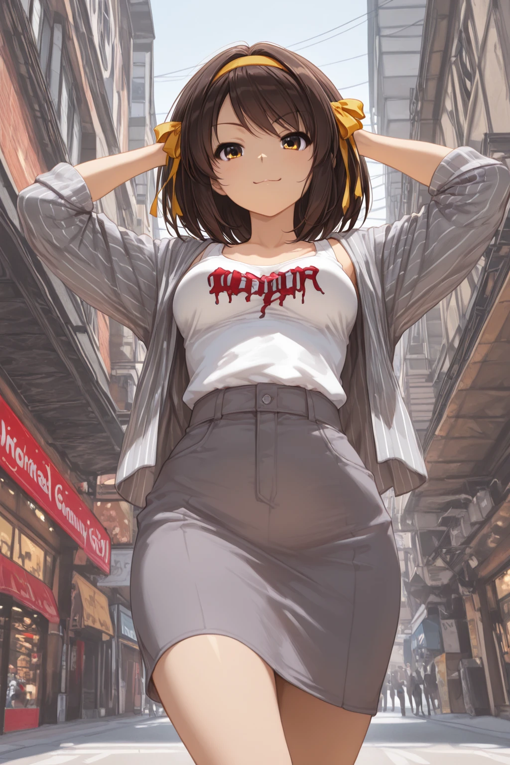 ((1 GIRL)) ((High Resolution)) ((10k,asian girl)), ((Japanese)) (( physically mature female)) (( average sized breasts)), 25-year-old, (( anime girl)), ((short dark-haired)), ((windswept hair)) ((ultra high quality))((flawless))((4k UHD)) ((Best Quality)) ((Daytime)) ((eyes glowing yellow )), wearing a ((black long sleeve shoulderless, blank T-shirt)) wearing ((blue jeans)) and black and yellow sneakers with (((blood splattered))) on it and her face, standing in the street ((facing front and center turned toward the camera)) in a ((ruined city)) filled with ((heavily damaged)) and worn (( tall skyscrapers with gaping holes in their structures while on fire)) and ((crushed vehicles on fire)) ((city in ruins)) and small and ((raging fires all around)) and an ((intimidating)) look on her face.