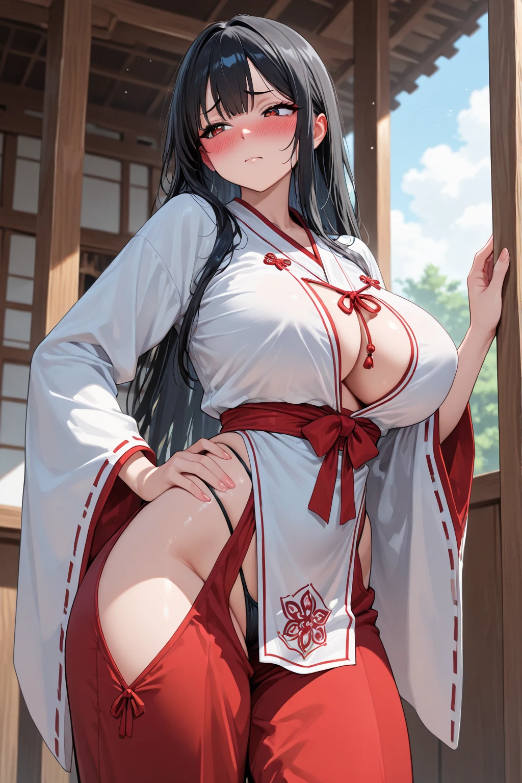 bare_shoulders, brown_eyes, detached_sleeves, hair_between_eyes, hair_ribbon, hakama, hakama_skirt,  long_hair, obi, railing, red_hakama, red_ribbon, ribbon,  veranda, Sagirin,
jewelry,  hands on chest,see-through, looking at viewer,  hair ornament, choker, shy,
(masterpiece, top quality, best quality, official art, beautiful and aesthetic:1.2), (1 girl), extreme detailed,  colorful, highest detailed,
(huge breasts:1.2,) upper body, from below,  cameltoe, white panties,
city,street,  sun, cloud, wall, leaning,