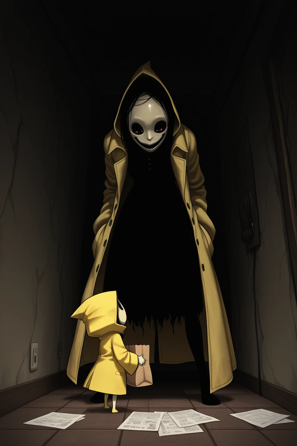 A cartoon of a mysterious masked man standing in front of a brick wall inspired by Junji Ito., Tumblr, sequential art, Oyasumi Panpan, Yume Nikki, Punpunna Onodera, black and white manga panel, Horror manga, Junji Man Undertones, Video game cutscenes, Black Animation, It's Junji's style., black and white manga
