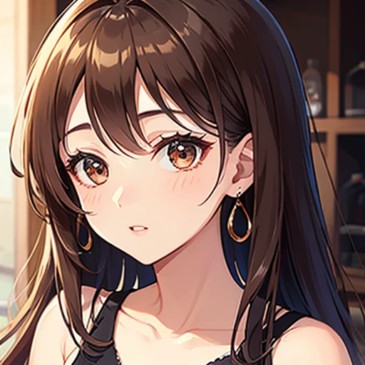 ((Tabletop, Highest quality, High resolution, Hmph, Pixel perfect, Written boundary depth, 4K, Hmph, Hmph))), 1 girl, single, alone, Beautiful Anime Girls, Beautiful art style, Anime characters, ((Curl hair outward, bangs, Brown Hair)), ((Green Eyes:1.4, Round eyes, Beautiful eyelashes, Realistic eyes)), ((Detailed face, blush:1.2)), ((Smooth texture:0.75, Realistic texture:0.65, Realistic:1.1, Anime CG style)), Dynamic Angle, ((Black shiny patterned micro bikini, Fashionable, 1 diamond necklace)), smile, Hotel swimming pool ,evening