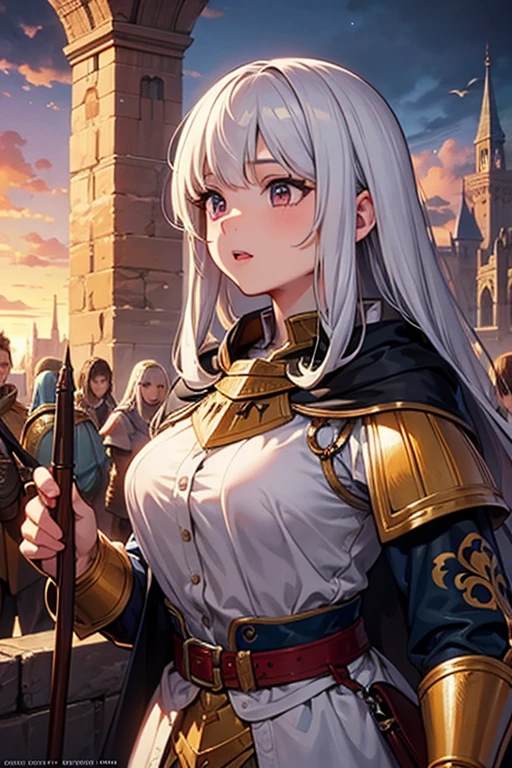 Anime girl character, dark fantasy world, medieval period. The heroine is in the center of the picture, surrounded by men who are harassing her.